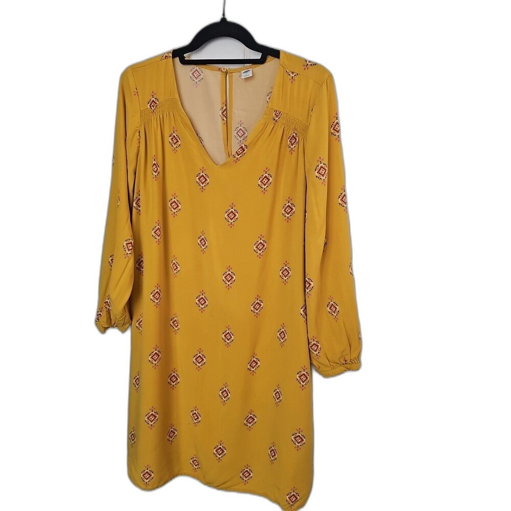 Women's Old Navy Yellow Patterned Long-sleeve Shirt Dress Tunic Medium